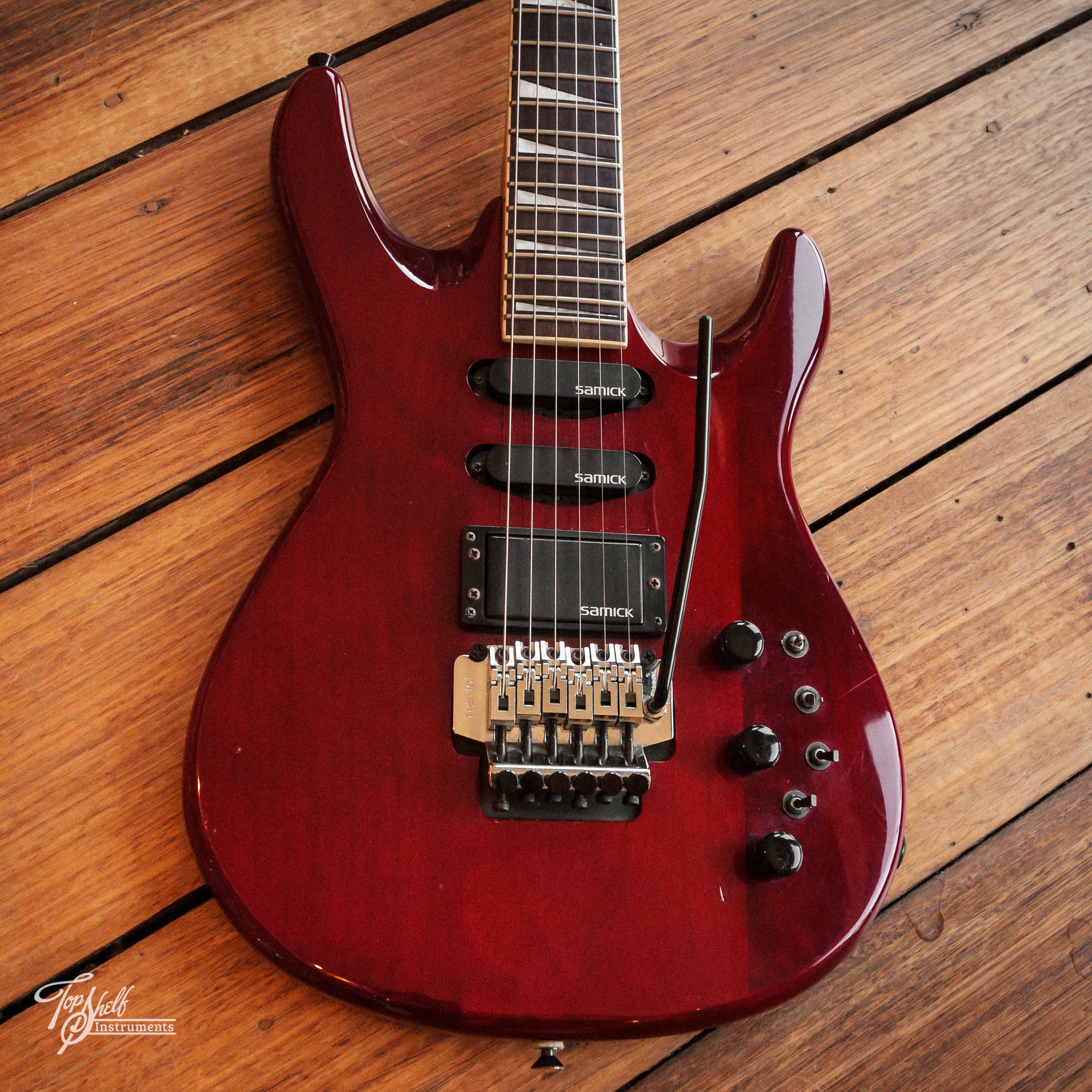 ビンテージSamick SG チェリー マボガニー新弦に交換済！ Samick KJ-560 Superstrat Cherry 1992 – Topshelf Instruments