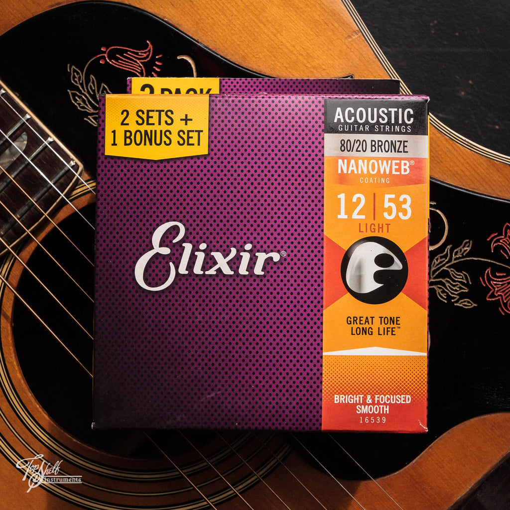 Elixir Light 80/20 Bronze Acoustic Guitar Strings Nanoweb (12-53) (Pack of 3)